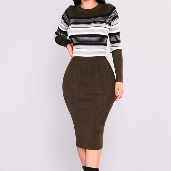 Olive Stripped Midi Dress - Picture 1 of 3